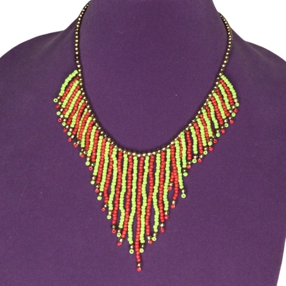 Beautiful beaded statement necklace green& red hanging beads